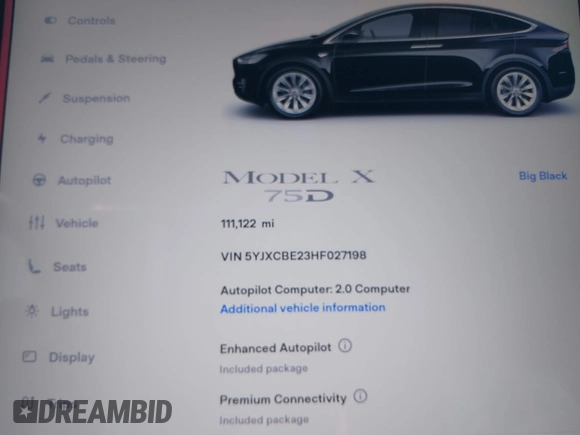 2017 Tesla Model X 90D z VIN 5YJXCBE23HF027198, wystawiony jako IAAI lot #42439451 z przebiegiem 111 122 mil mil oraz . Historia ofert i sprzedaży dostępna na DreamBid. Obrazek 7.