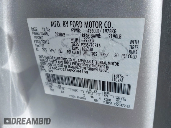 2006 Ford Escape XLT with VIN 1FMCU03Z66KC04189, listed as a IAAI auction lot 42794398 with 155,980 mi miles and . Bid and sale history available at DreamBid. Image 9.