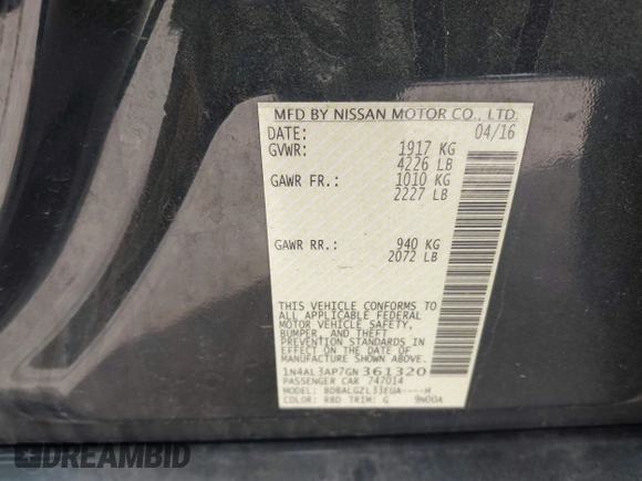 2016 Nissan Altima S with VIN 1N4AL3AP7GN361320, listed as a IAAI auction lot 42034245 with 86,574 mi miles and . Bid and sale history available at DreamBid. Image 9.