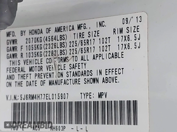 2014 Honda CR-V EX-L with VIN 5J6RM4H77EL015907, listed as a IAAI auction lot 41709554 with 133,550 mi miles. Bid and sale history available at carsss.com. Image 9.