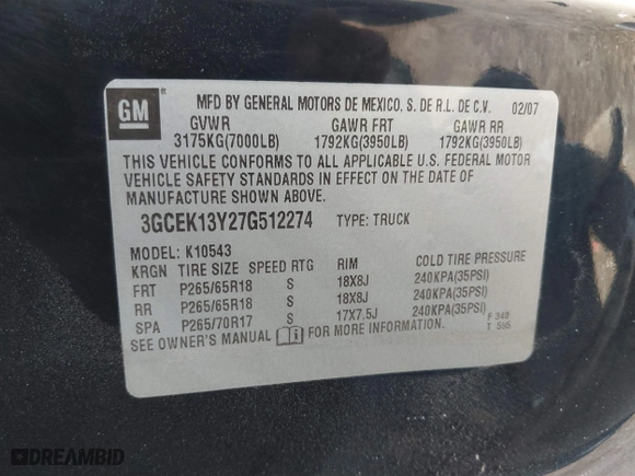 2007 Chevrolet Silverado 1500 LTZ with VIN 3GCEK13Y27G512274, listed as a IAAI auction lot 41793222 with 165,163 mi miles. Bid and sale history available at carsss.com. Image 9.