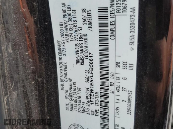 2020 Ford F-150 XL with VIN 1FTEW1E57LFB56617, listed as a Copart auction lot 56384545 with 171,336 mi miles and Salvage title. Bid and sale history available at DreamBid. Image 13.