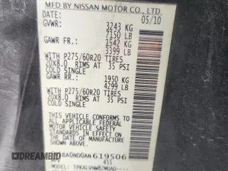 2010 Nissan Armada Titanium z VIN 5N1BA0ND0AN619506, wystawiony jako Copart lot #58329005 z przebiegiem 212 496 mil mil oraz Szkoda całkowita • Salvage title. Historia ofert i sprzedaży dostępna na DreamBid. Obrazek 13.