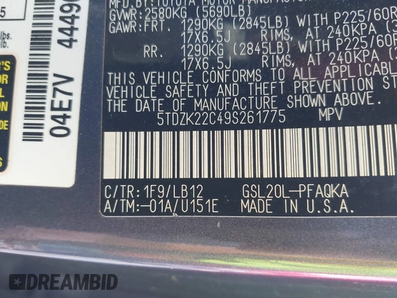 2009 Toyota Sienna XLE with VIN 5TDZK22C49S261775, listed as a IAAI auction lot 42599134 with 234,547 mi miles and . Bid and sale history available at DreamBid. Image 9.