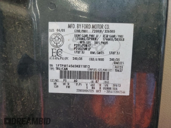 2005 Ford F-150 XLT с VIN 1FTPW14565KE11813, выставлен на аукционе Copart как лот 64522915 с пробегом 226 550 миль миль и Списание • Salvage title. История ставок и продаж доступна на DreamBid. Изображение 12.