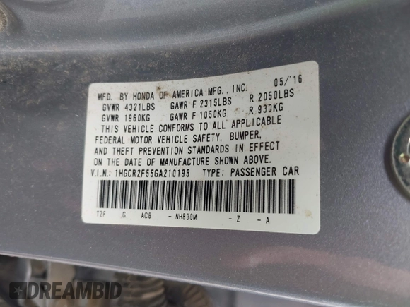 2016 Honda Accord Sport with VIN 1HGCR2F55GA210195, listed as a IAAI auction lot 41931271 with 78,979 mi miles and . Bid and sale history available at DreamBid. Image 9.