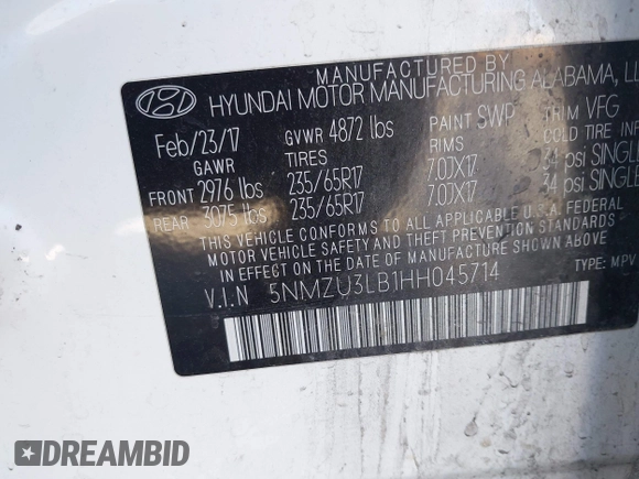 2017 Hyundai Santa Fe 2.4L z VIN 5NMZU3LB1HH045714, wystawiony jako IAAI lot #41949139 z przebiegiem 151 799 mil mil oraz . Historia ofert i sprzedaży dostępna na DreamBid. Obrazek 9.