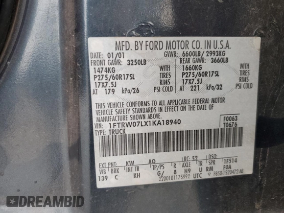 2001 Ford F-150 XLT with VIN 1FTRW07LX1KA18940, listed as a Copart auction lot 50723495 with 133,686 mi miles and Salvage title. Bid and sale history available at DreamBid. Image 14.