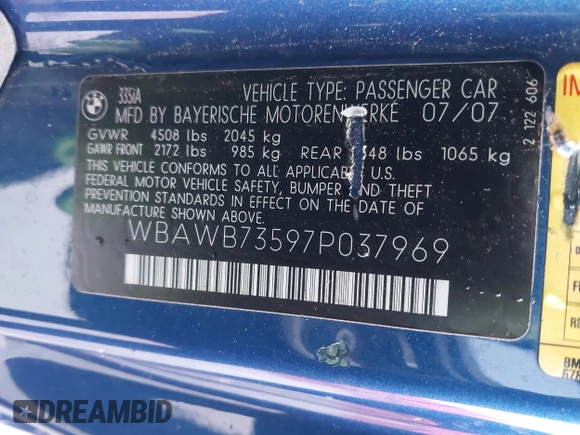 2007 BMW 3 Series 335i with VIN WBAWB73597P037969, listed as a IAAI auction lot 41602590 with 117,238 mi miles and . Bid and sale history available at DreamBid. Image 9.