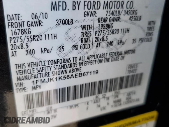 2010 Ford Expedition Max Limited with VIN 1FMJK1K56AEB67119, listed as a Copart auction lot 76674694 with 90,774 mi miles and Salvage Title. Bid and sale history available at DreamBid. Image 13.
