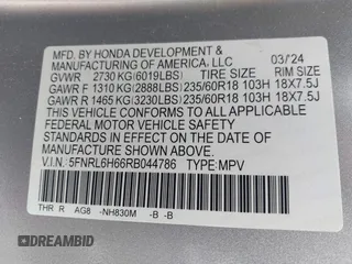 2024 Honda Odyssey EX-L z VIN 5FNRL6H66RB044786, wystawiony jako IAAI lot #42484466 z przebiegiem 40 016 mil mil oraz . Historia ofert i sprzedaży dostępna na DreamBid. Obrazek 9.