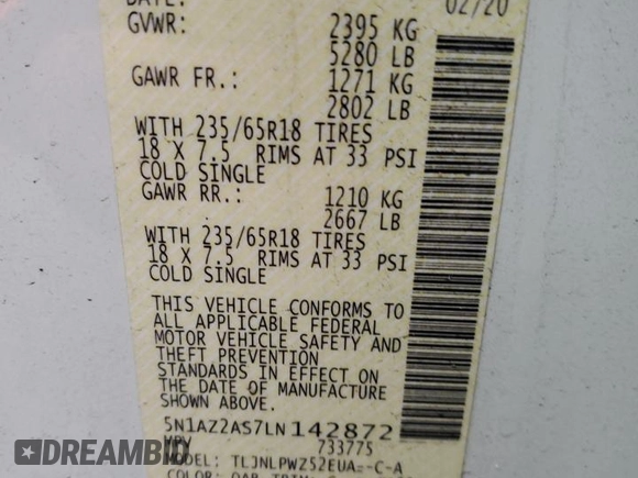 2020 Nissan Murano S with VIN 5N1AZ2AS7LN142872, listed as a Copart auction lot 85554314 with 32,293 mi miles and Salvage Title. Bid and sale history available at DreamBid. Image 13.