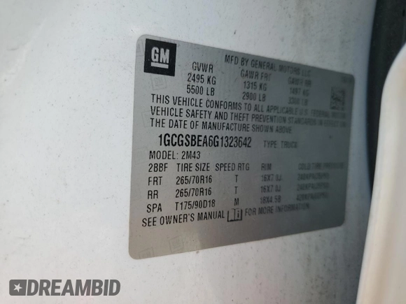 2016 Chevrolet Colorado 2WD WT with VIN 1GCGSBEA6G1323642, listed as a Copart auction lot 59119705 with 119,363 mi miles and Salvage title. Bid and sale history available at DreamBid. Image 12.