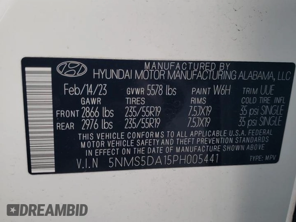 2023 Hyundai Santa Fe Hybrid Limited with VIN 5NMS5DA15PH005441, listed as a Copart auction lot 87660175 with 8,346 mi miles and Clean Title. Bid and sale history available at carsss.com. Image 14.