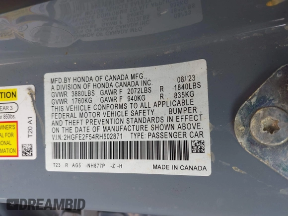 2024 Honda Civic Sport with VIN 2HGFE2F54RH502871, listed as a IAAI auction lot 41839206 with 36,277 mi miles and . Bid and sale history available at DreamBid. Image 9.