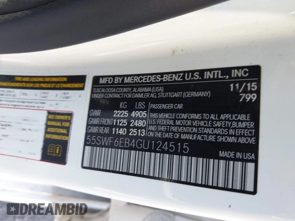 2016 Mercedes-Benz C 450 AMG with VIN 55SWF6EB4GU124515, listed as a IAAI auction lot 41830424 with 92,704 mi miles and . Bid and sale history available at DreamBid. Image 9.