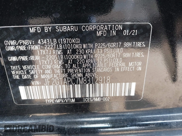 2021 Subaru Crosstrek Premium с VIN JF2GTAPC7M8312918, выставлен на аукционе IAAI как лот 42764282 с пробегом 39 573 миль миль и . История ставок и продаж доступна на DreamBid. Изображение 9.