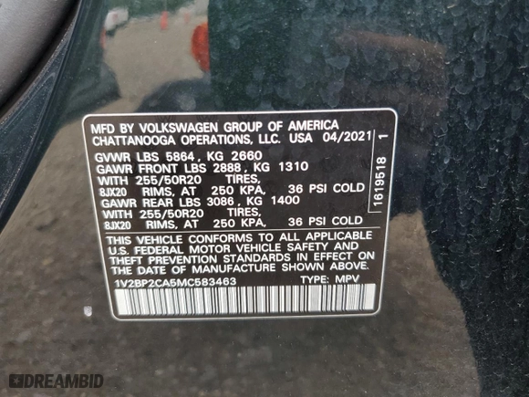 2021 Volkswagen Atlas 2.0T SEL with VIN 1V2BP2CA5MC583463, listed as a Copart auction lot 48106493 with 37,275 mi miles. Bid and sale history available at carsss.com. Image 13.