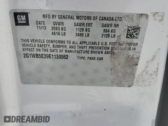 2014 Chevrolet Impala LT with VIN 2G1WB5E39E1130562, listed as a Copart auction lot 64448415 with 62,409 mi miles and Salvage title. Bid and sale history available at DreamBid. Image 13.