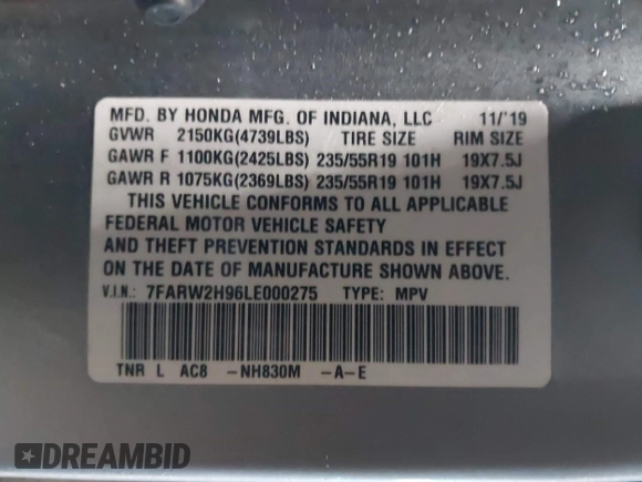 2020 Honda CR-V Touring with VIN 7FARW2H96LE000275, listed as a IAAI auction lot 41600759 with 78,078 mi miles and . Bid and sale history available at DreamBid. Image 9.