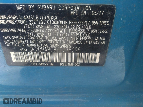 2017 Subaru Crosstrek Premium with VIN JF2GPABC8HG278298, listed as a IAAI auction lot 35632003 with 89,377 mi miles. Bid and sale history available at carsss.com. Image 9.
