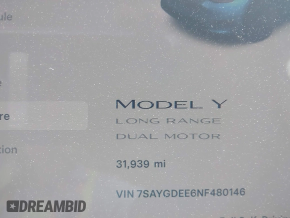 2022 Tesla Model Y Long Range with VIN 7SAYGDEE6NF480146, listed as a IAAI auction lot 41906361 with 31,939 mi miles and . Bid and sale history available at carsss.com. Image 7.