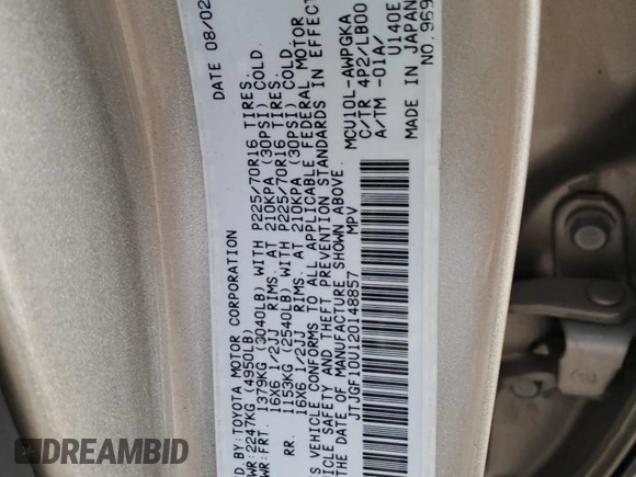 2002 Lexus RX 300 with VIN JTJGF10U120148857, listed as a Copart auction lot 81227254 with 160,267 mi miles and Salvage Title. Bid and sale history available at DreamBid. Image 13.