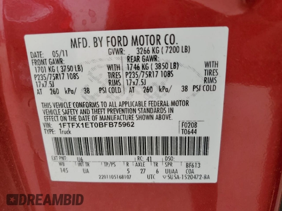 2011 Ford F-150 XL with VIN 1FTFX1ET0BFB75962, listed as a Copart auction lot 58708435 with 142,581 mi miles and Salvage title. Bid and sale history available at DreamBid. Image 12.