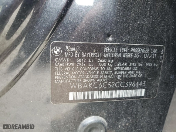 2012 BMW 7 Series 750i xDrive with VIN WBAKC6C52CC396443, listed as a Copart auction lot 44333945 with 134,075 mi miles and Salvage Title. Bid and sale history available at carsss.com. Image 12.