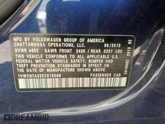 2014 Volkswagen Passat SEL Premium with VIN 1VWCN7A32EC018096, listed as a Copart auction lot 56972805 with 118,515 mi miles and Non repairable. Bid and sale history available at DreamBid. Image 12.