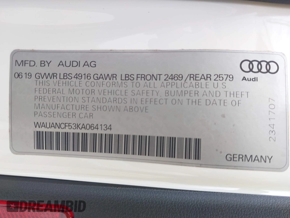 2019 Audi A5 Sportback Premium with VIN WAUANCF53KA064134, listed as a IAAI auction lot 41509093 with 1 mi miles. Bid and sale history available at carsss.com. Image 9.