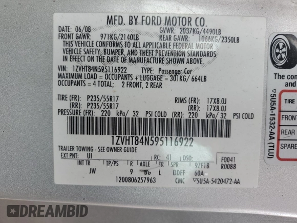 2009 Ford Mustang with VIN 1ZVHT84N595116922, listed as a Copart auction lot 55129515 with 180,469 mi miles and Salvage title. Bid and sale history available at DreamBid. Image 12.