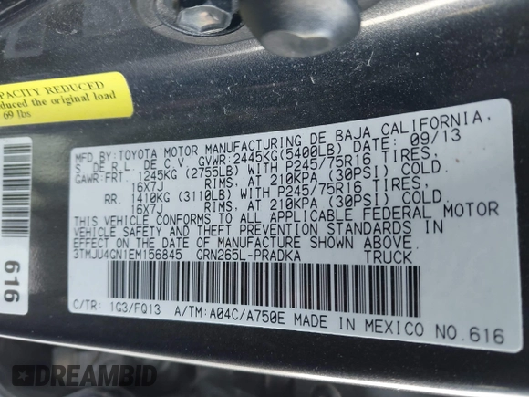 2014 Toyota Tacoma PreRunner with VIN 3TMJU4GN1EM156845, listed as a IAAI auction lot 40972570 with 65,138 mi miles. Bid and sale history available at carsss.com. Image 9.