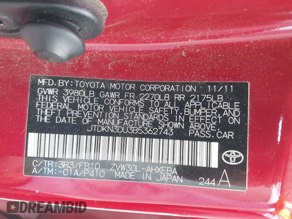 2011 Toyota Prius I with VIN JTDKN3DU3B5362743, listed as a IAAI auction lot 41939394 with 128,119 mi miles and . Bid and sale history available at DreamBid. Image 9.