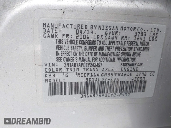 2014 Nissan Sentra S with VIN 3N1AB7AP0EY242497, listed as a IAAI auction lot 41573653 with 89,500 mi miles and . Bid and sale history available at DreamBid. Image 9.