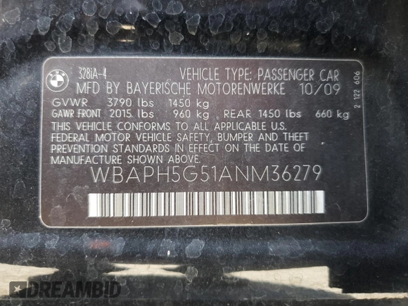 2010 BMW 3 Series 328i z VIN WBAPH5G51ANM36279, wystawiony jako Copart lot #58423785 z przebiegiem 121 379 mil mil oraz Szkoda całkowita • Salvage title. Historia ofert i sprzedaży dostępna na DreamBid. Obrazek 12.