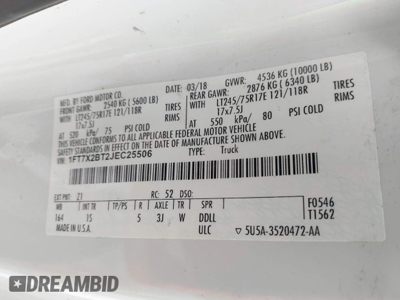 2018 Ford F-250 XL with VIN 1FT7X2BT2JEC25506, listed as a IAAI auction lot 42477834 with 118,703 mi miles and . Bid and sale history available at DreamBid. Image 9.