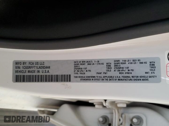 2020 Ram 1500 Big Horn with VIN 1C6SRFFT1LN393444, listed as a Copart auction lot 52934135 with 65,906 mi miles and Salvage Title. Bid and sale history available at carsss.com. Image 12.