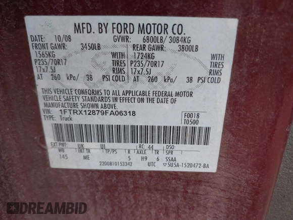 2009 Ford F-150 STX with VIN 1FTRX12879FA06318, listed as a IAAI auction lot 41975883 with 225,215 mi miles. Bid and sale history available at carsss.com. Image 9.