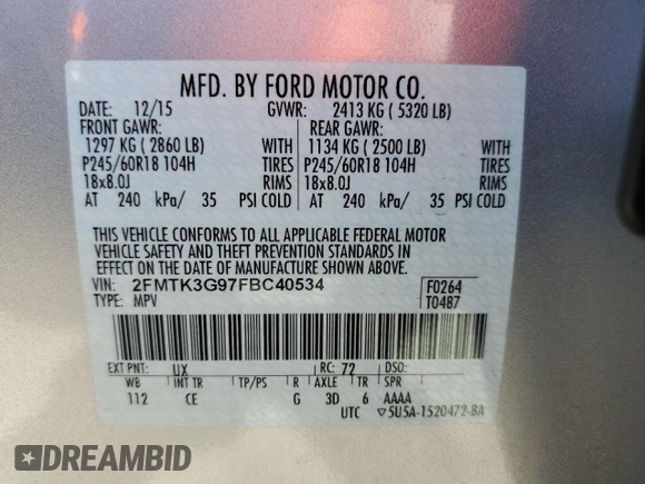 2015 Ford Edge SE with VIN 2FMTK3G97FBC40534, listed as a Copart auction lot 63452225 with 146,659 mi miles and Salvage title. Bid and sale history available at DreamBid. Image 12.