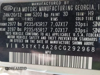 2012 Kia Sorento LX with VIN 5XYKT4A26CG292968, listed as a IAAI auction lot 42066841 with 215,295 mi miles. Bid and sale history available at carsss.com. Image 9.
