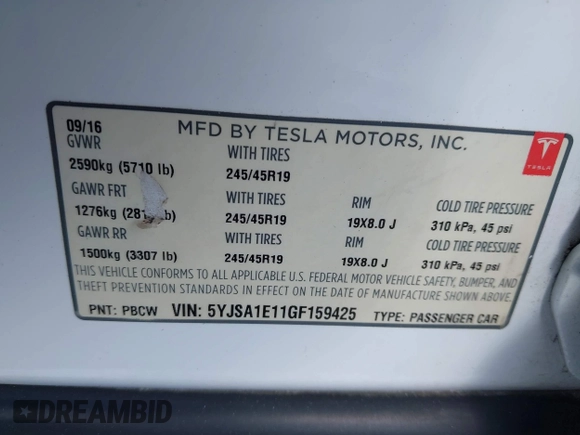 2016 Tesla Model S 70 z VIN 5YJSA1E11GF159425, wystawiony jako IAAI lot #42377639 z przebiegiem 79 767 mil mil oraz . Historia ofert i sprzedaży dostępna na DreamBid. Obrazek 9.