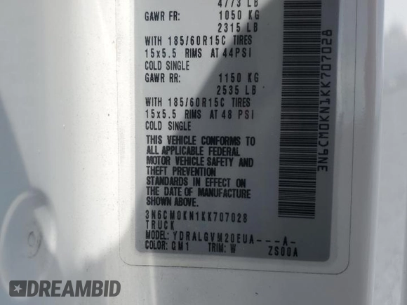 2019 Nissan NV200 SV with VIN 3N6CM0KN1KK707028, listed as a Copart auction lot 60193775 with 159,775 mi miles and Non repairable. Bid and sale history available at DreamBid. Image 12.