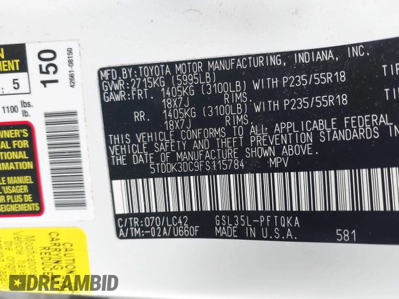 2015 Toyota Sienna Ltd with VIN 5TDDK3DC9FS115784, listed as a IAAI auction lot 41355934 with 125,675 mi miles. Bid and sale history available at carsss.com. Image 9.