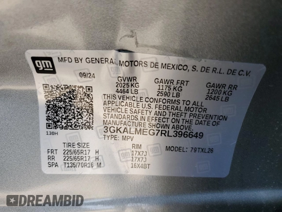 2024 GMC Terrain SLE with VIN 3GKALMEG7RL396649, listed as a Copart auction lot 54423435 with 3,411 mi miles and Salvage title. Bid and sale history available at DreamBid. Image 14.