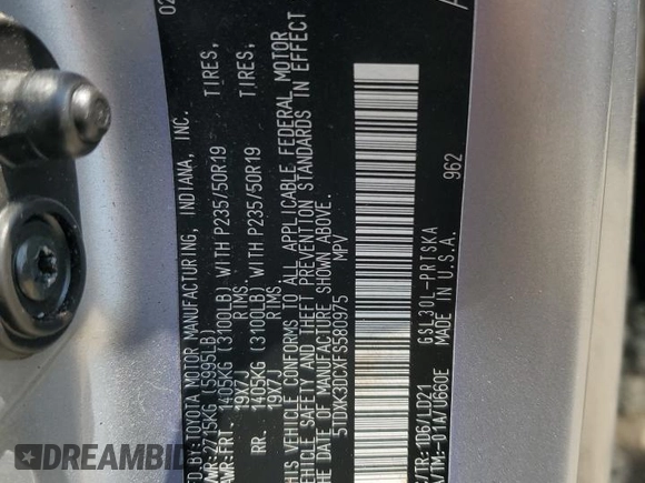 2015 Toyota Sienna SE with VIN 5TDXK3DCXFS580975, listed as a Copart auction lot 56309505 with 154,073 mi miles and Salvage title. Bid and sale history available at DreamBid. Image 14.
