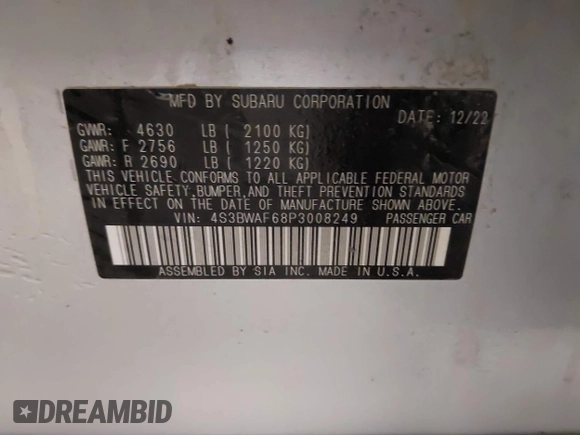 2023 Subaru Legacy Premium с VIN 4S3BWAF68P3008249, выставлен на аукционе IAAI как лот 42050560 с пробегом 49 124 миль миль и . История ставок и продаж доступна на DreamBid. Изображение 9.