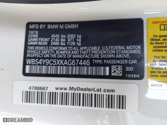2019 BMW M4 with VIN WBS4Y9C5XKAG67446, listed as a IAAI auction lot 41669865 with 103,230 mi miles. Bid and sale history available at carsss.com. Image 9.