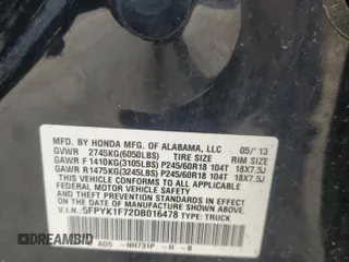 2013 Honda Ridgeline Sport with VIN 5FPYK1F72DB016478, listed as a Copart auction lot 55953095 with 163,435 mi miles and Salvage title. Bid and sale history available at DreamBid. Image 12.