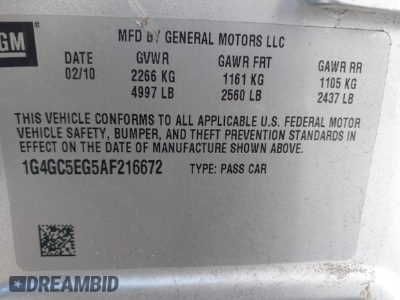 2010 Buick LaCrosse CXL with VIN 1G4GC5EG5AF216672, listed as a IAAI auction lot 41760264 with 98,131 mi miles and . Bid and sale history available at DreamBid. Image 9.